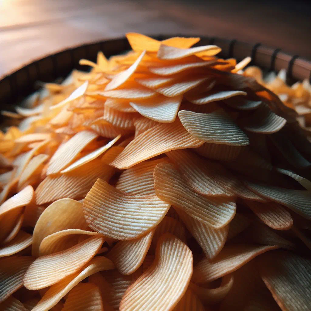 Golden, crispy cassava chips piled in a bowl with fresh herbs