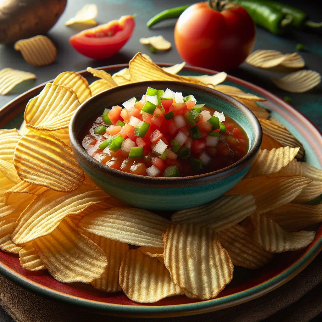 Crispy golden cassava chips served with a bowl of fresh tomato salsa