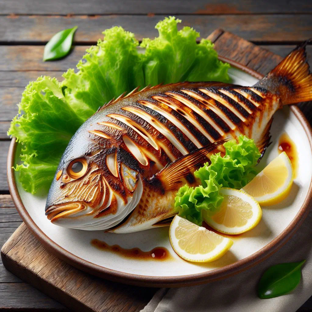 Chargrilled reef fish fillets garnished with lime and fresh herbs