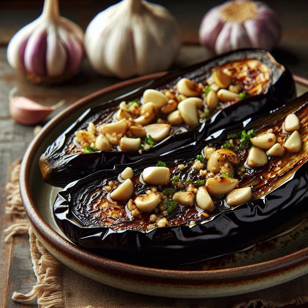 Charred eggplant slices with garlic, garnished with fresh coriander