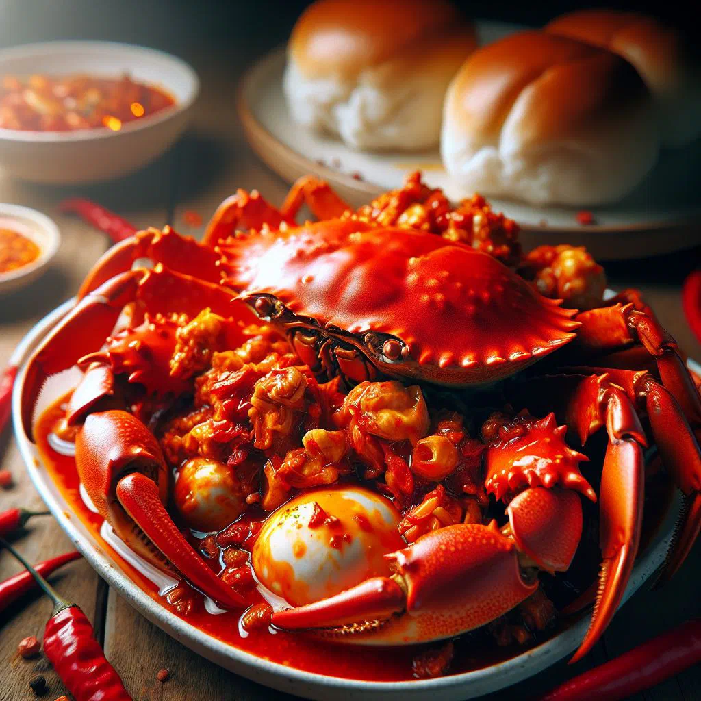 Fijian chilli crab in a spicy sauce garnished with fresh coriander and lime