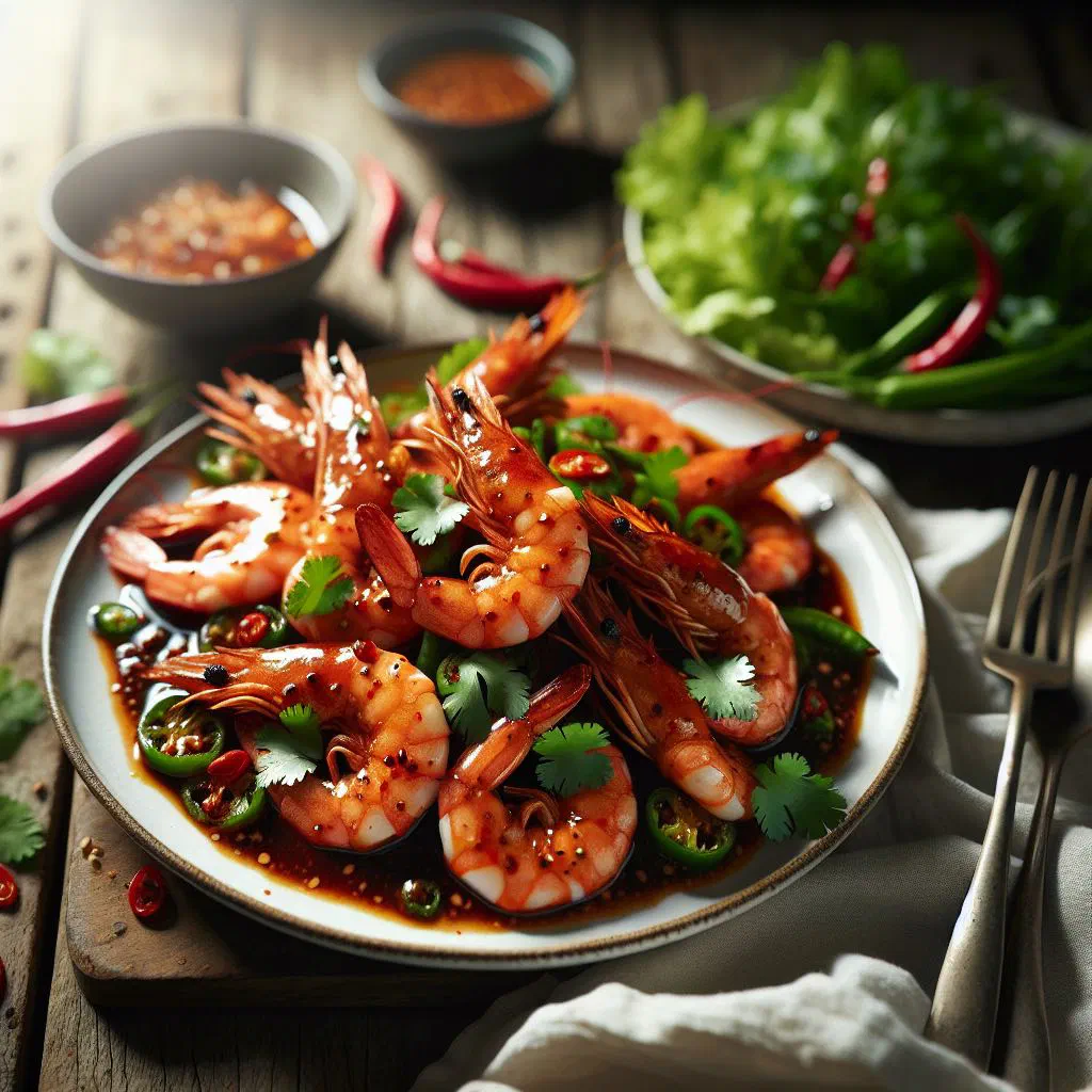 Chilli tamarind shrimp glazed in a tangy sauce, garnished with fresh coriander