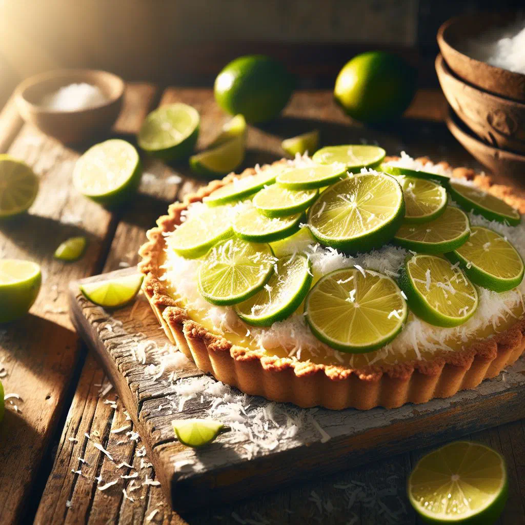 Slice of coconut and lime tart topped with lime zest and coconut shavings