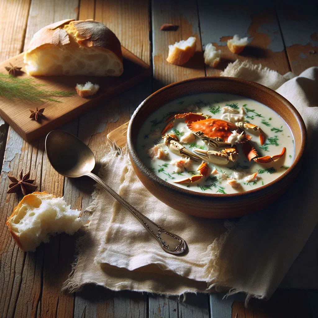 Creamy coconut crab soup garnished with fresh herbs and lime
