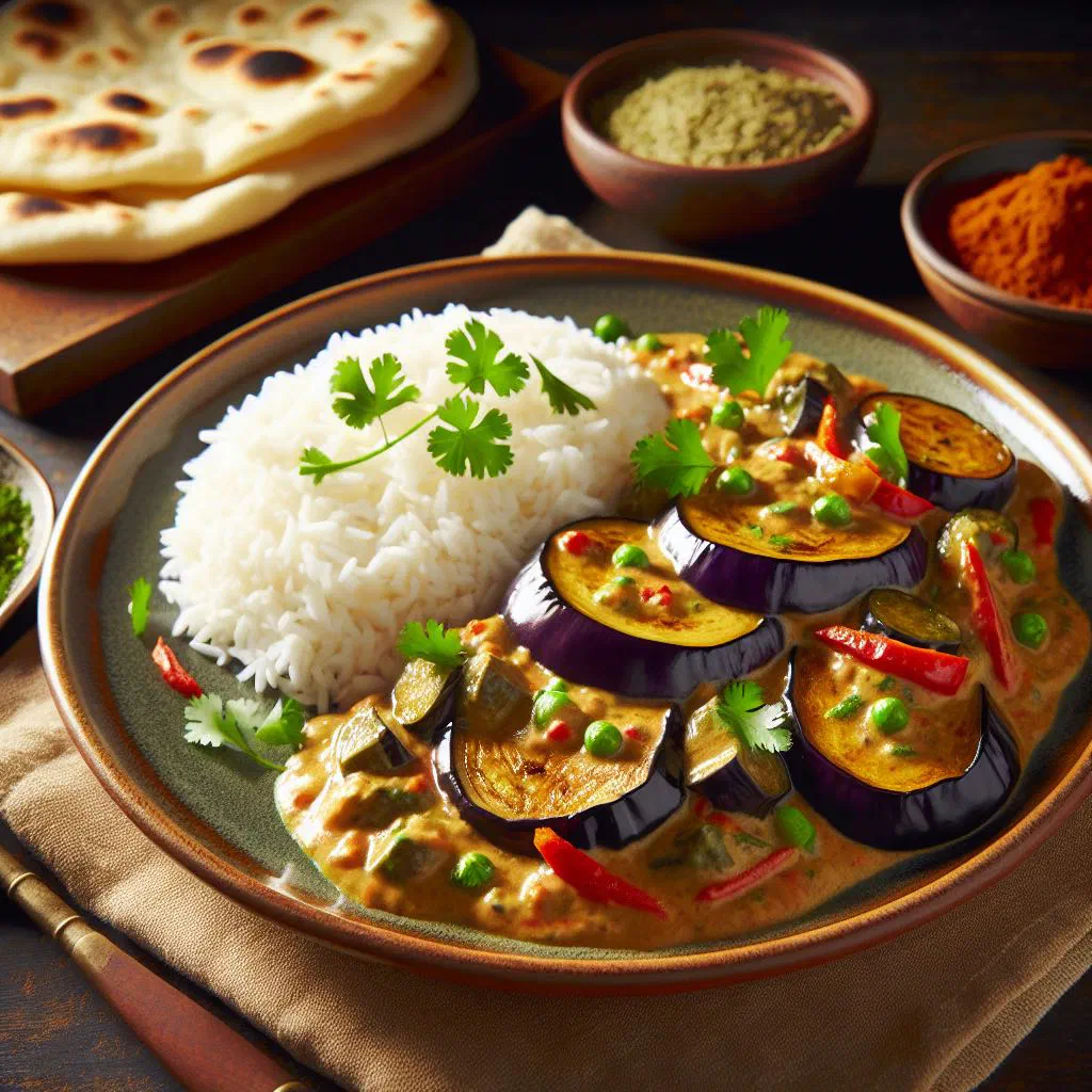 Coconut eggplant curry in a creamy sauce garnished with fresh coriander