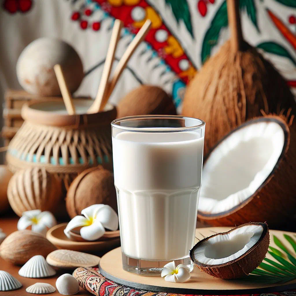 Creamy Fijian coconut milk drink served chilled in a glass with ice and lime
