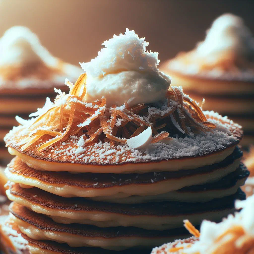 Stack of golden Fijian coconut pancakes topped with fresh tropical fruit