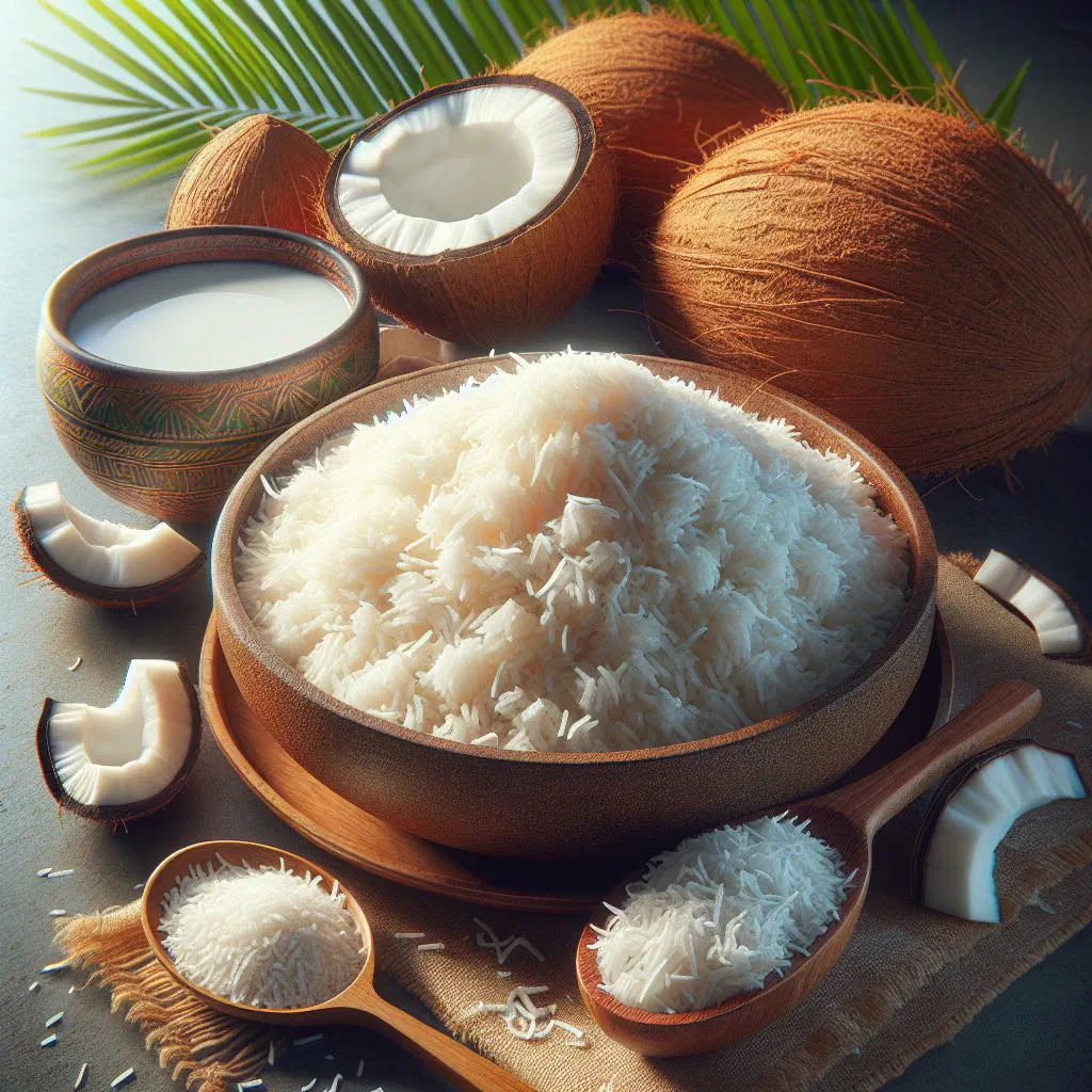 Fluffy Fijian coconut rice topped with desiccated coconut