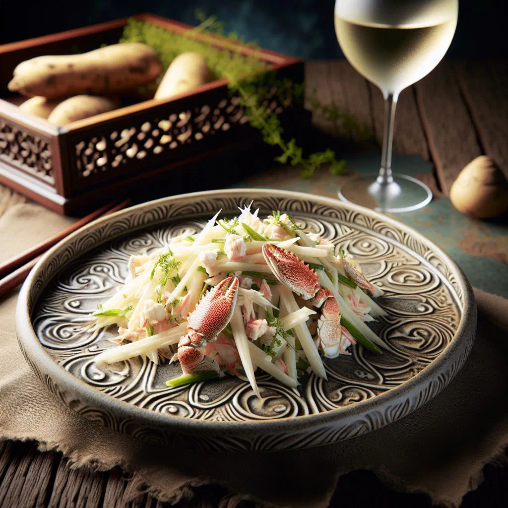 Crab and cassava salad with lime, tomato and fresh coriander