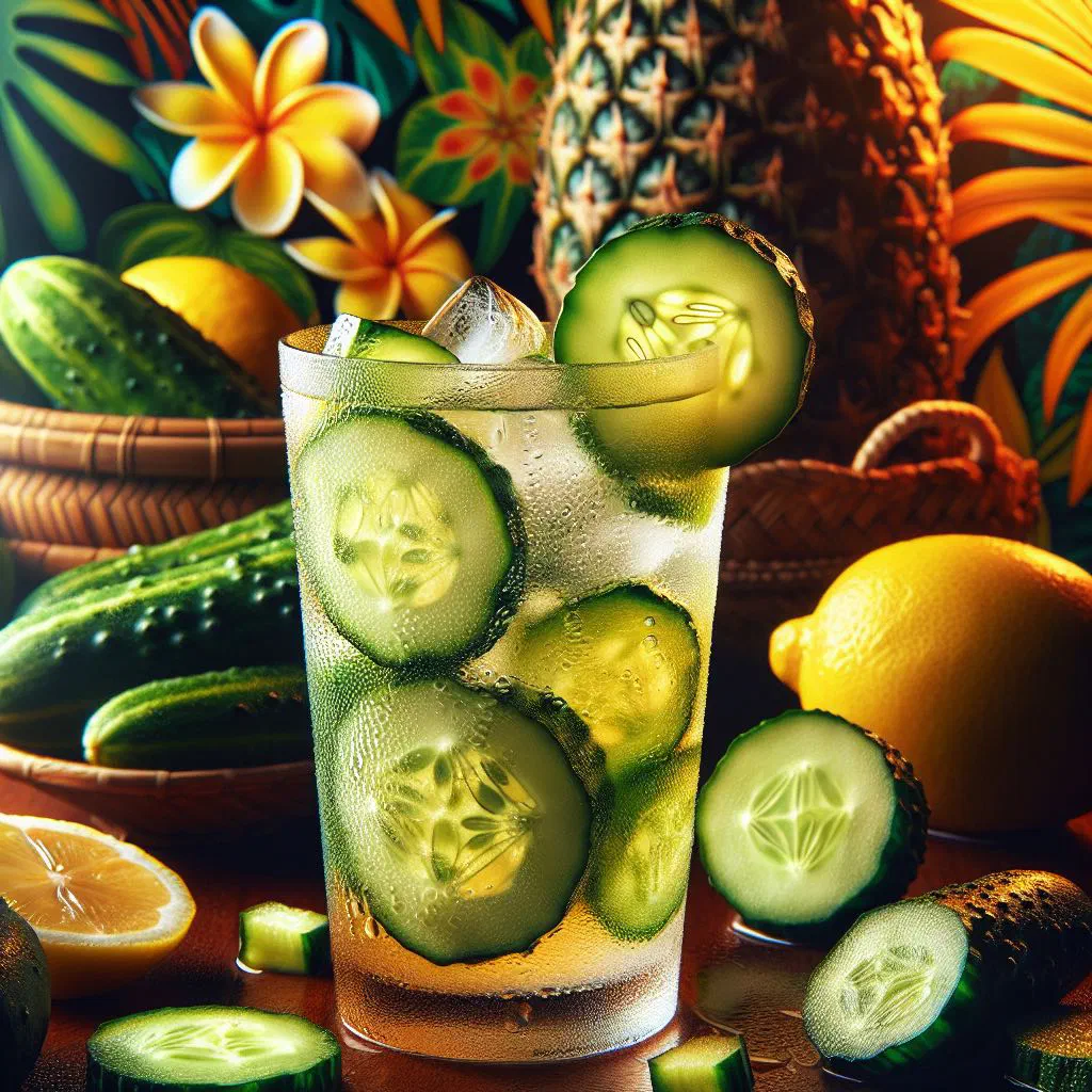 Glass of Fijian cucumber lemonade garnished with fresh mint and cucumber slices