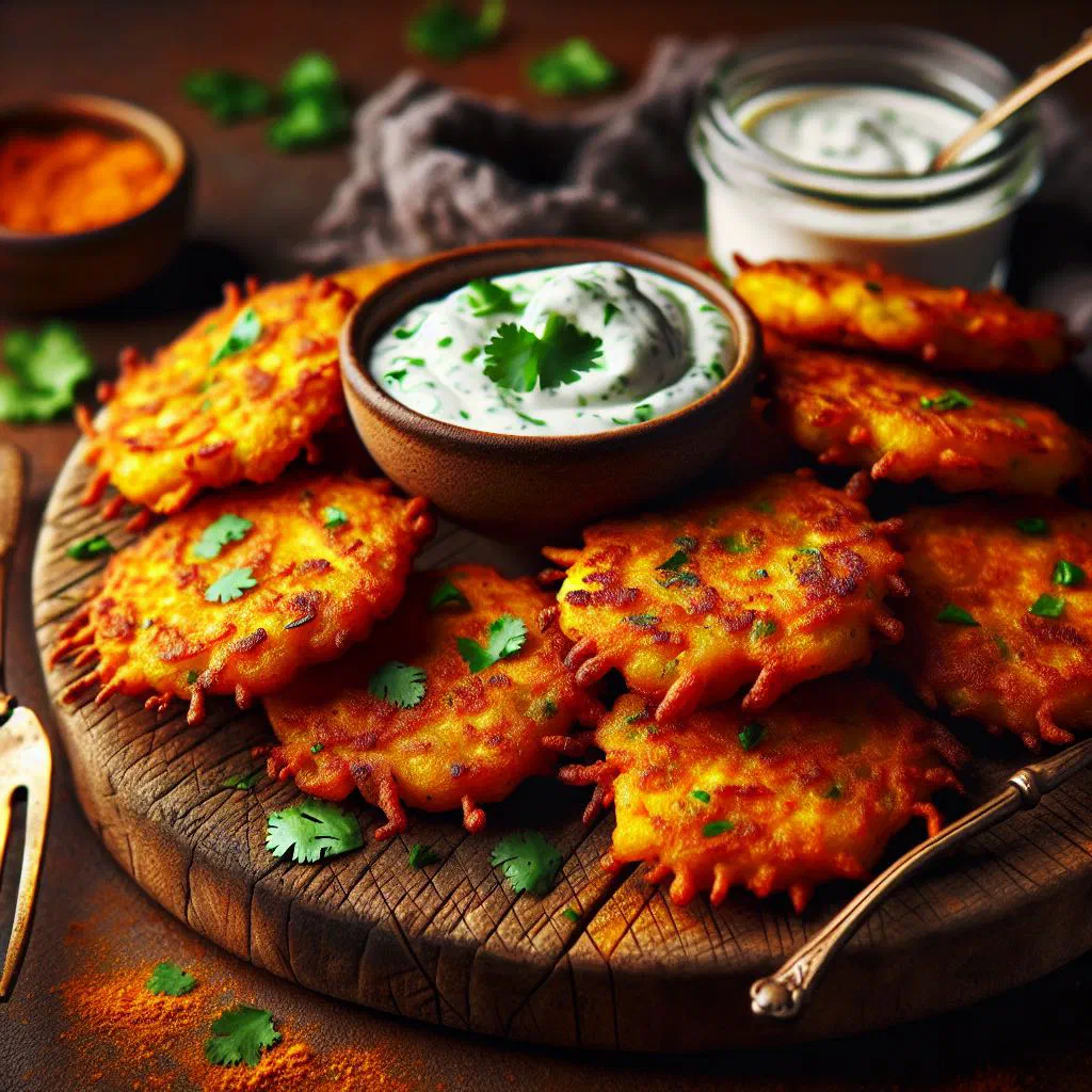 Crispy golden curry potato fritters served with a fresh herb garnish