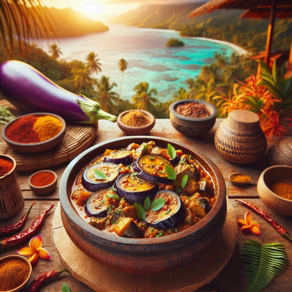 Fijian eggplant curry in coconut sauce garnished with fresh coriander