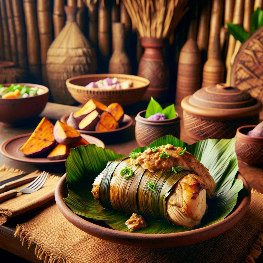 Fijian chicken palusami parcels wrapped in banana leaves with coconut sauce