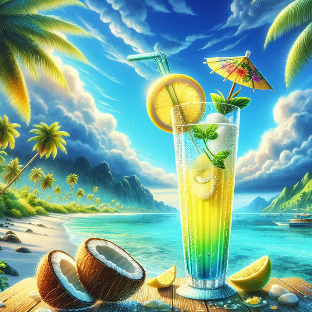 A frosty glass of Fijian coconut lemonade garnished with lemon and ice