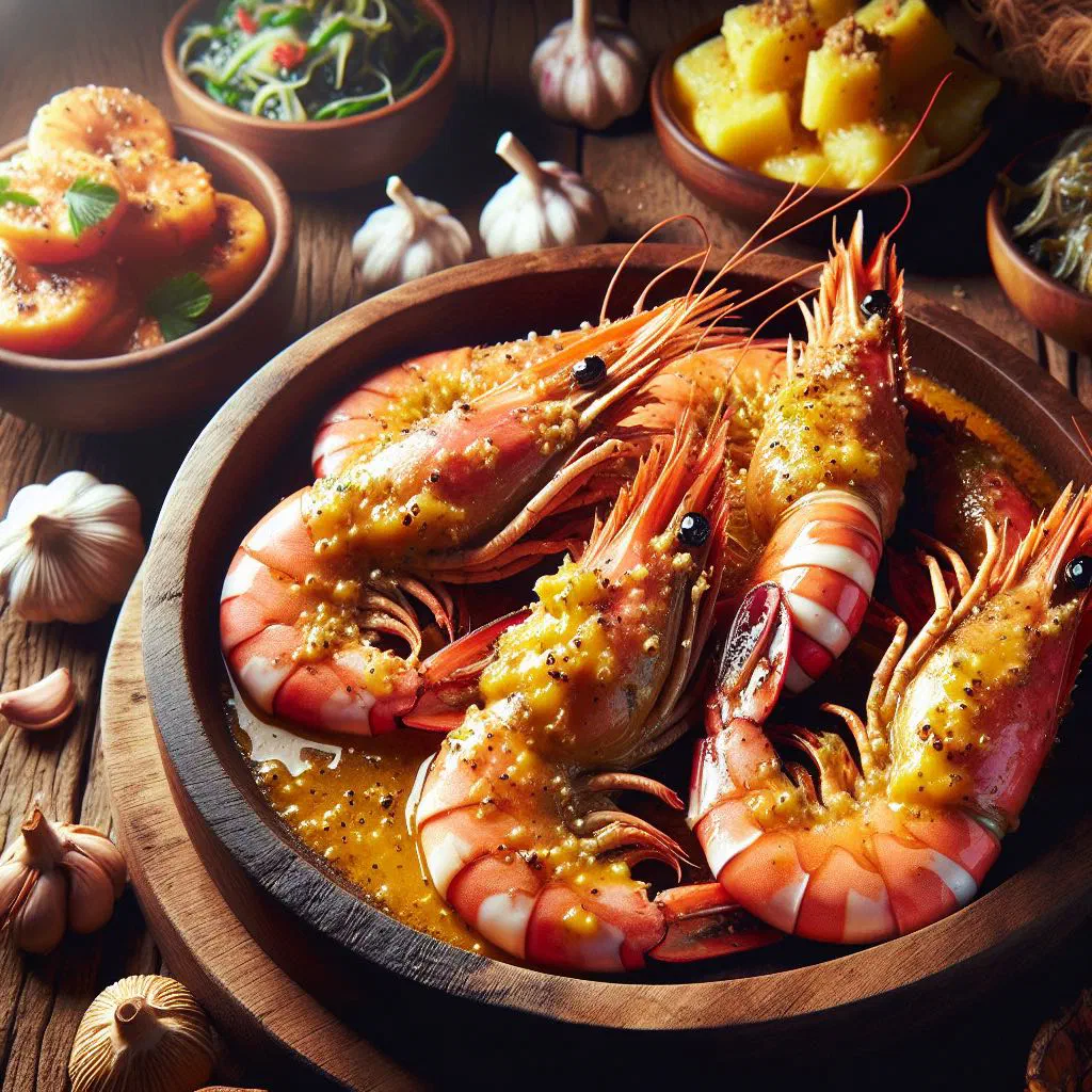 Fijian garlic butter prawns in a glossy sauce garnished with fresh coriander