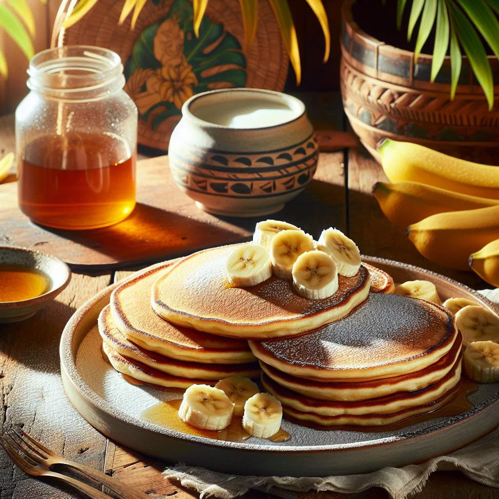 A stack of golden Fijian-style banana pancakes topped with fresh fruit