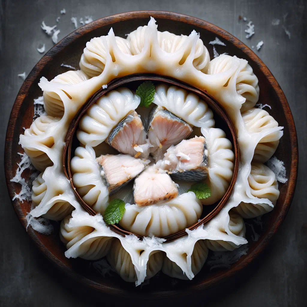 Steamed fish and coconut dumplings garnished with lime and fresh herbs