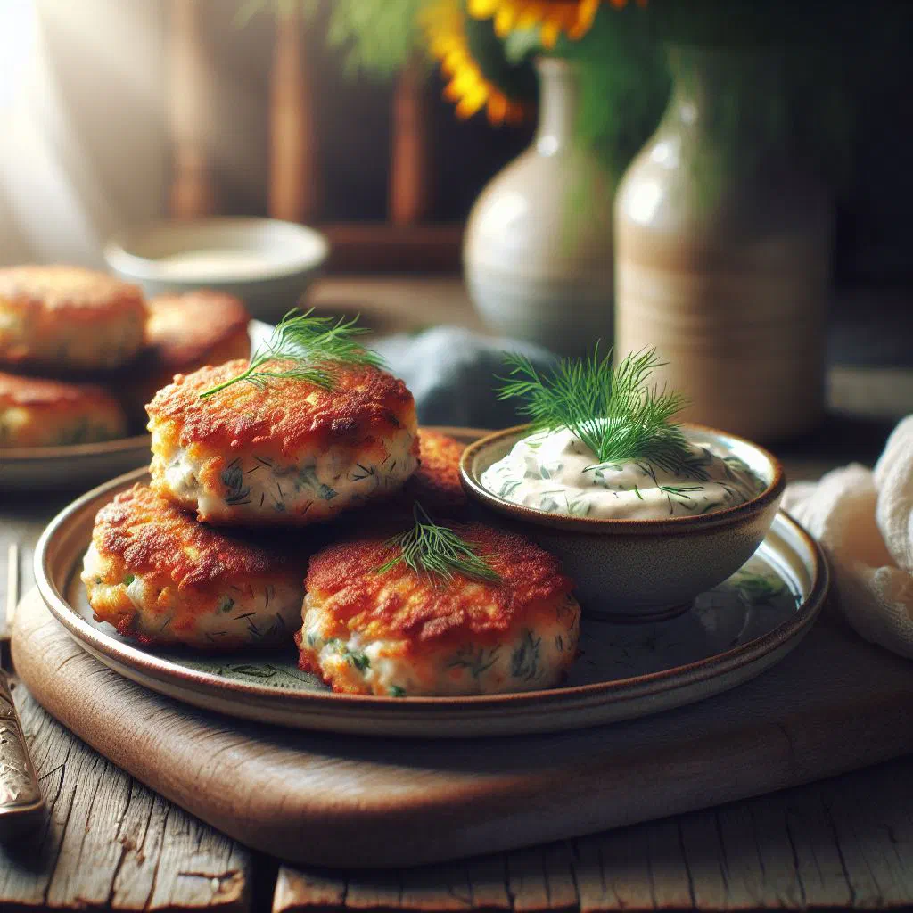 Golden pan-fried fish cakes served with a creamy dill sauce and lemon