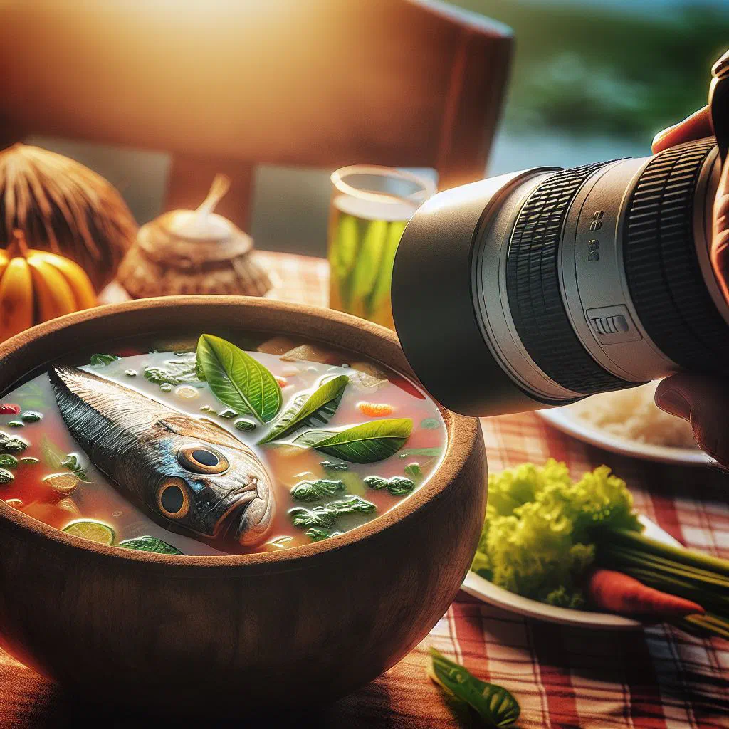 Fijian fish head soup in coconut broth garnished with spring onions and lime