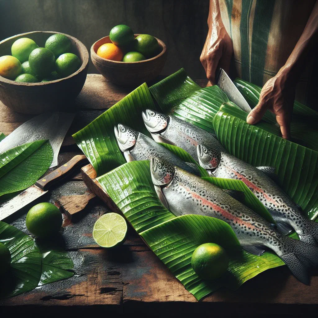 Steamed fish wrapped in banana leaves garnished with fresh coriander and lime