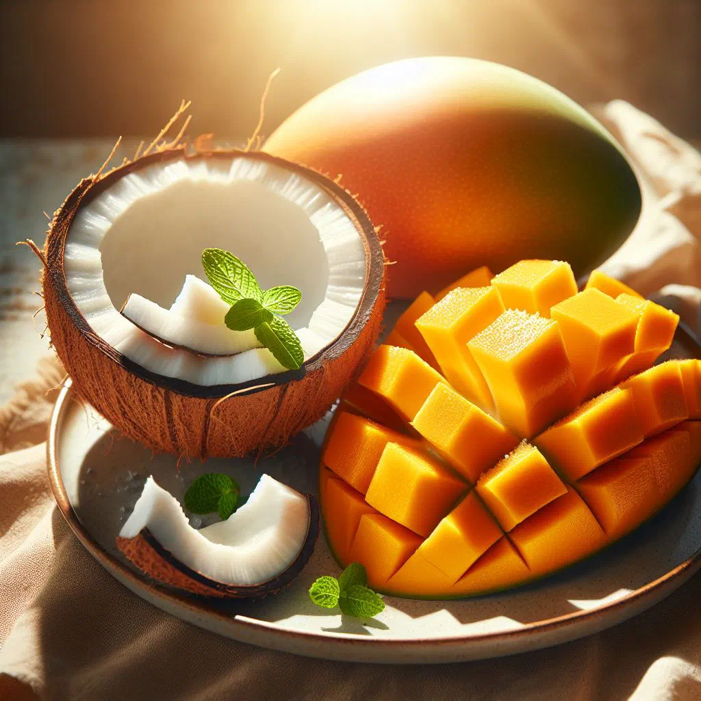 Layered mango and coconut dessert in a glass topped with fresh mint