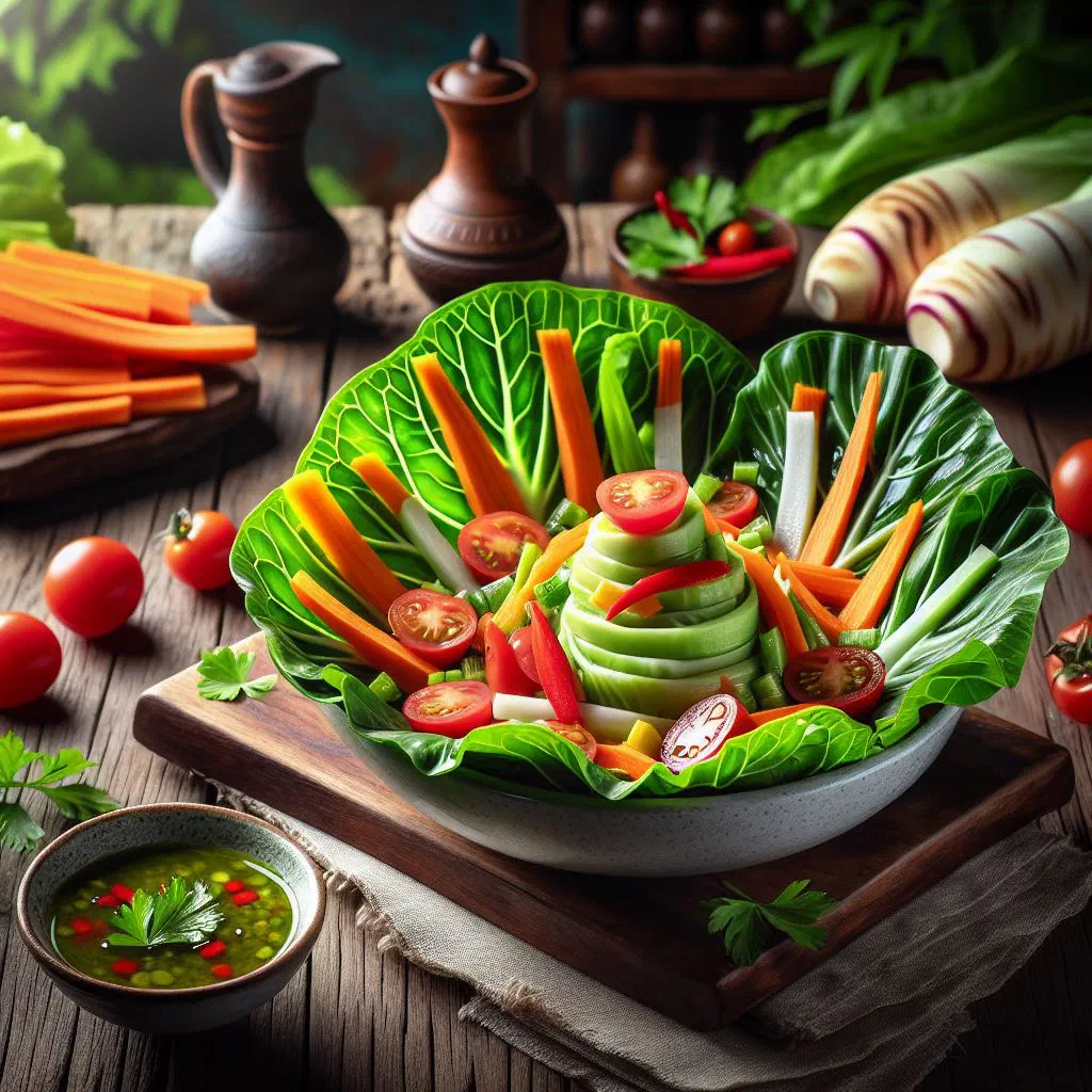 Fresh taro leaf salad dressed with coconut milk and lime, garnished with herbs