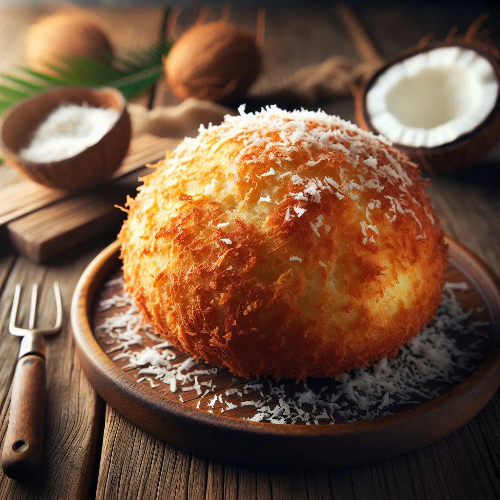 Golden fried coconut bread pieces stacked on a wooden board