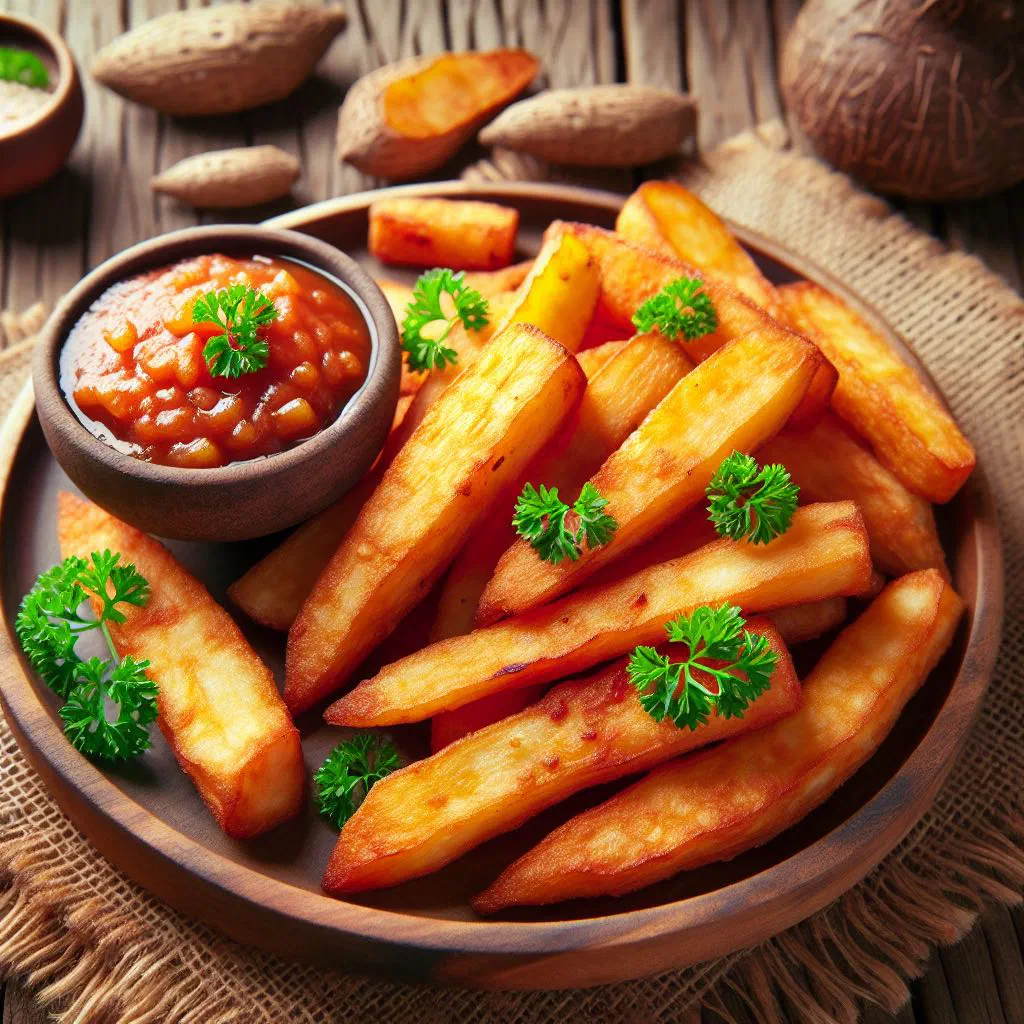 Golden, crispy fried tavioka fritters garnished with fresh herbs