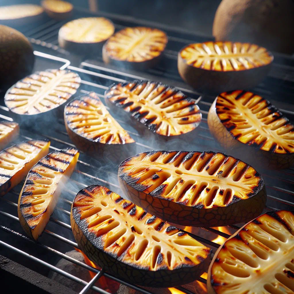 Golden grilled breadfruit slices with char marks on a serving plate