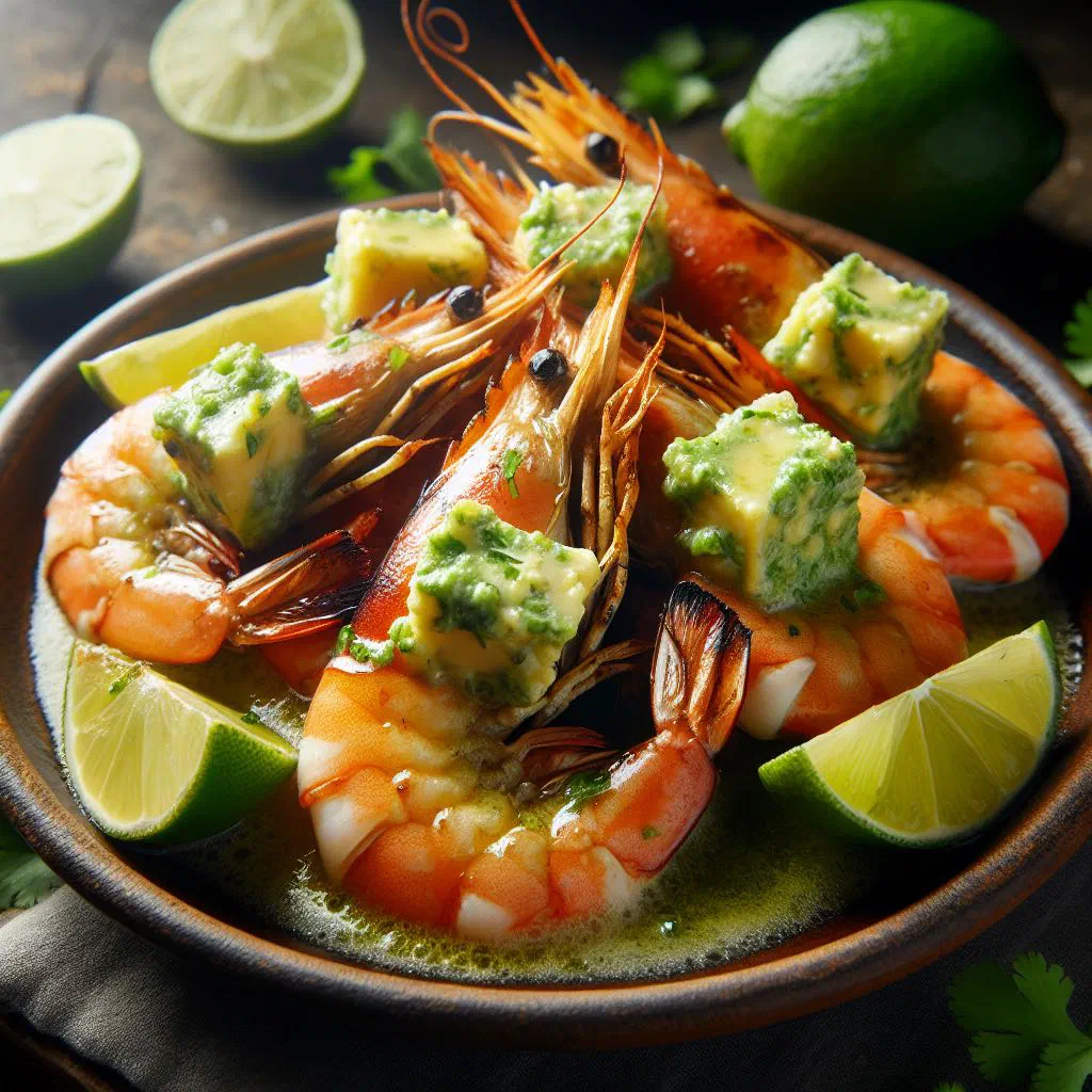 Grilled prawns glazed with lime butter and garnished with fresh herbs