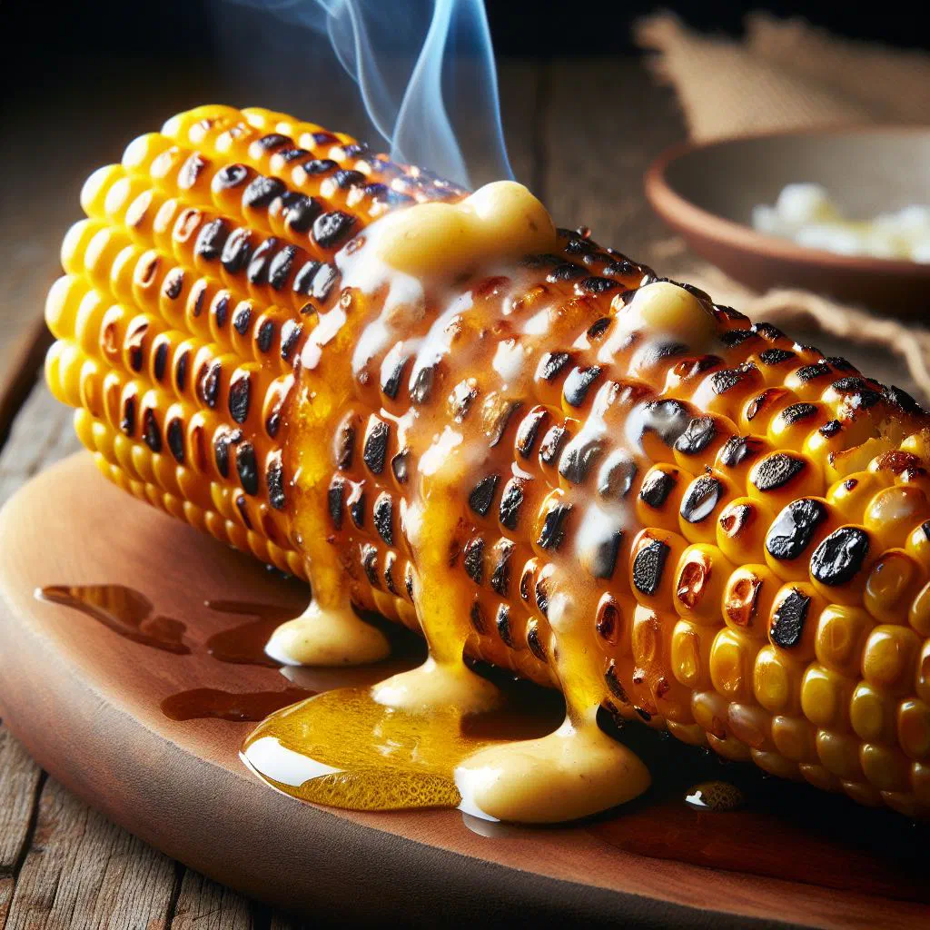 Charred grilled sweetcorn cobs brushed with coconut butter and fresh herbs