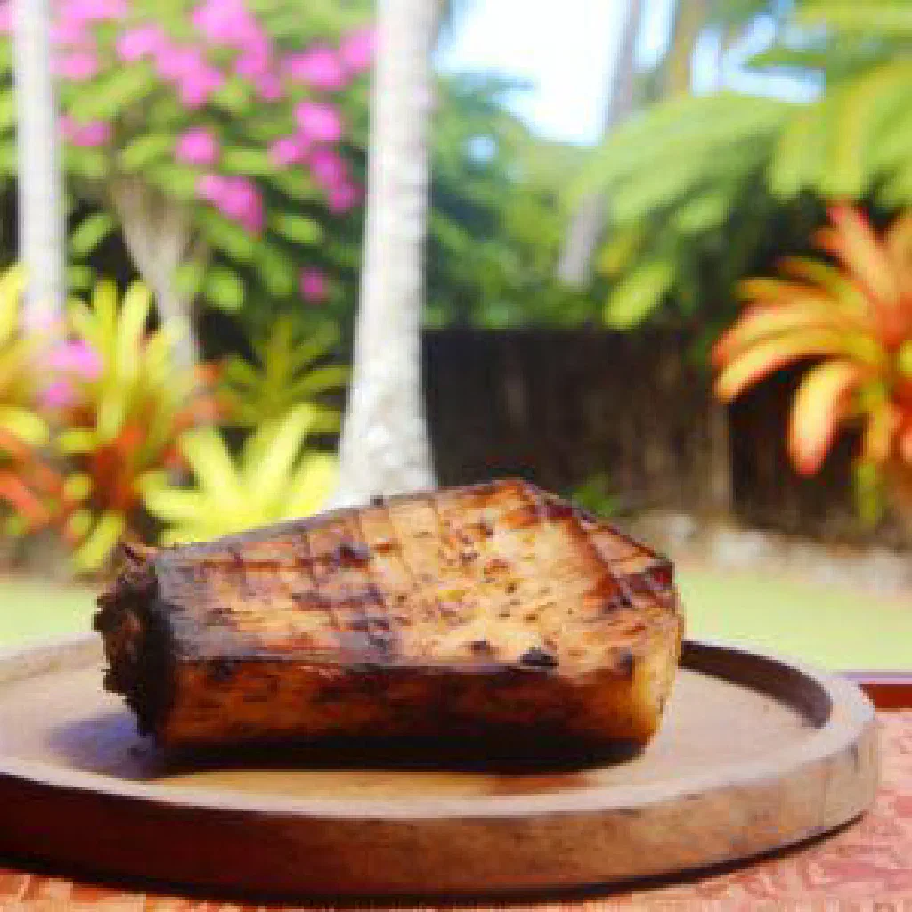 Grilled taro slices garnished with fresh herbs and lemon