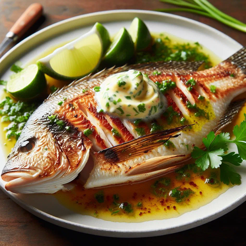 Grilled tilapia fillets glazed with lime butter and fresh herbs