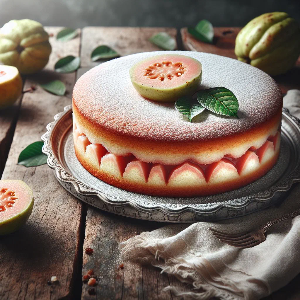 Slice of golden guava cake studded with ripe tropical fruit