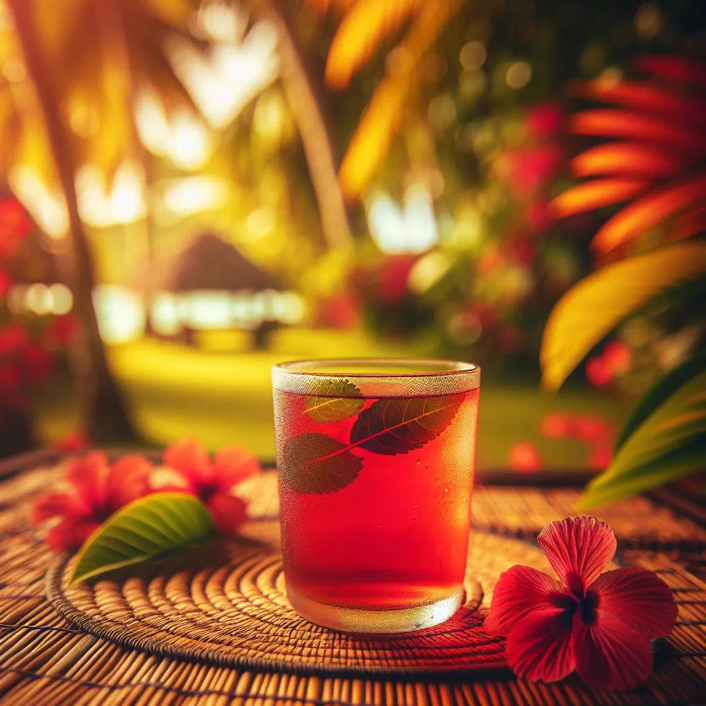 A glass of deep-red Fijian hibiscus tea garnished with fresh mint