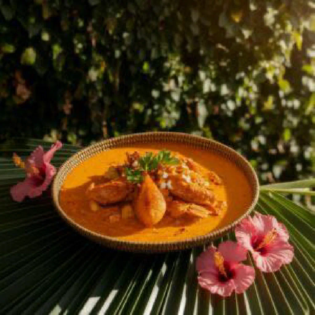 Fijian kai curry in coconut milk garnished with fresh coriander