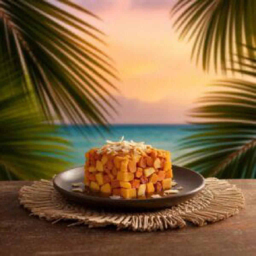 Golden baked sweet potato and banana bake dusted with cinnamon