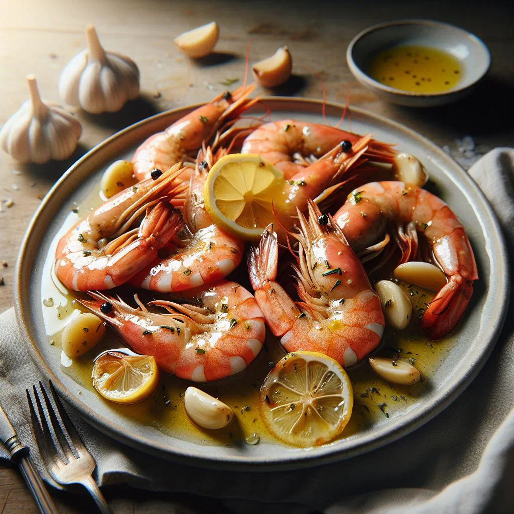 Pan-fried prawns with garlic and lemon, garnished with fresh parsley