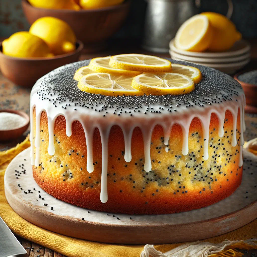 Lemon poppy seed cake dusted with icing sugar and lemon zest