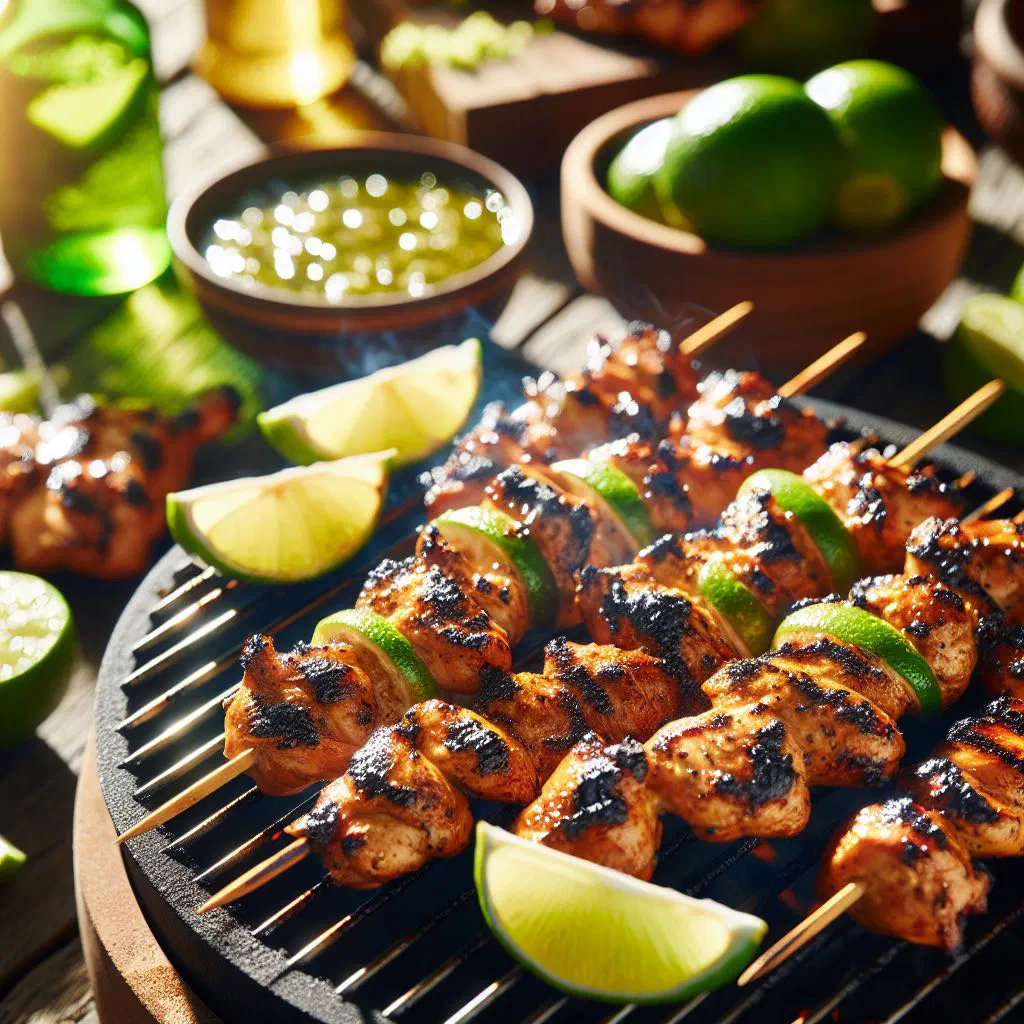 Lime grilled chicken skewers charred on the barbecue with fresh lime wedges