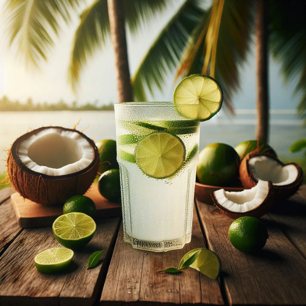 A glass of lime-infused coconut water with fresh lime and mint