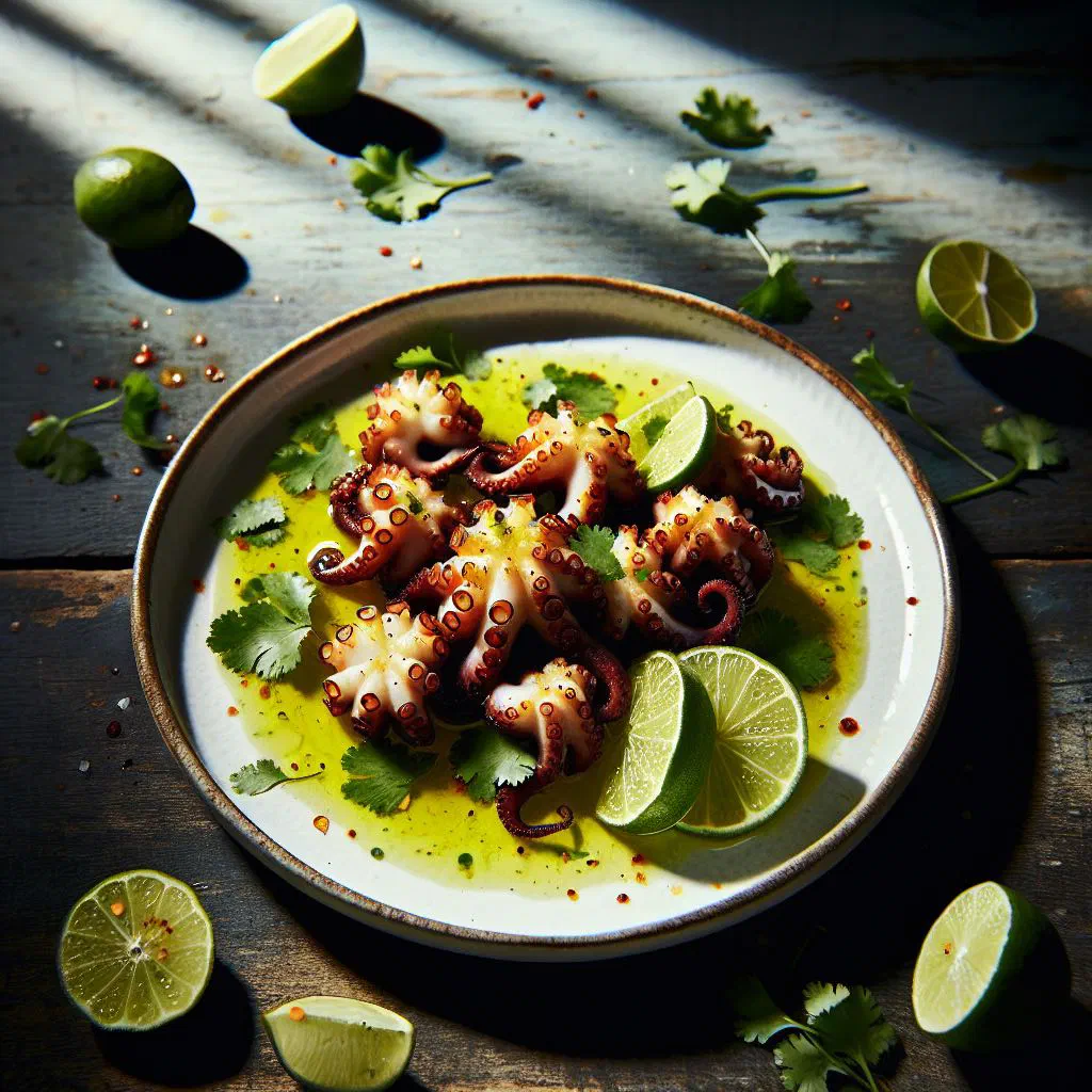 Lime-marinated octopus pieces with fresh coriander and lime