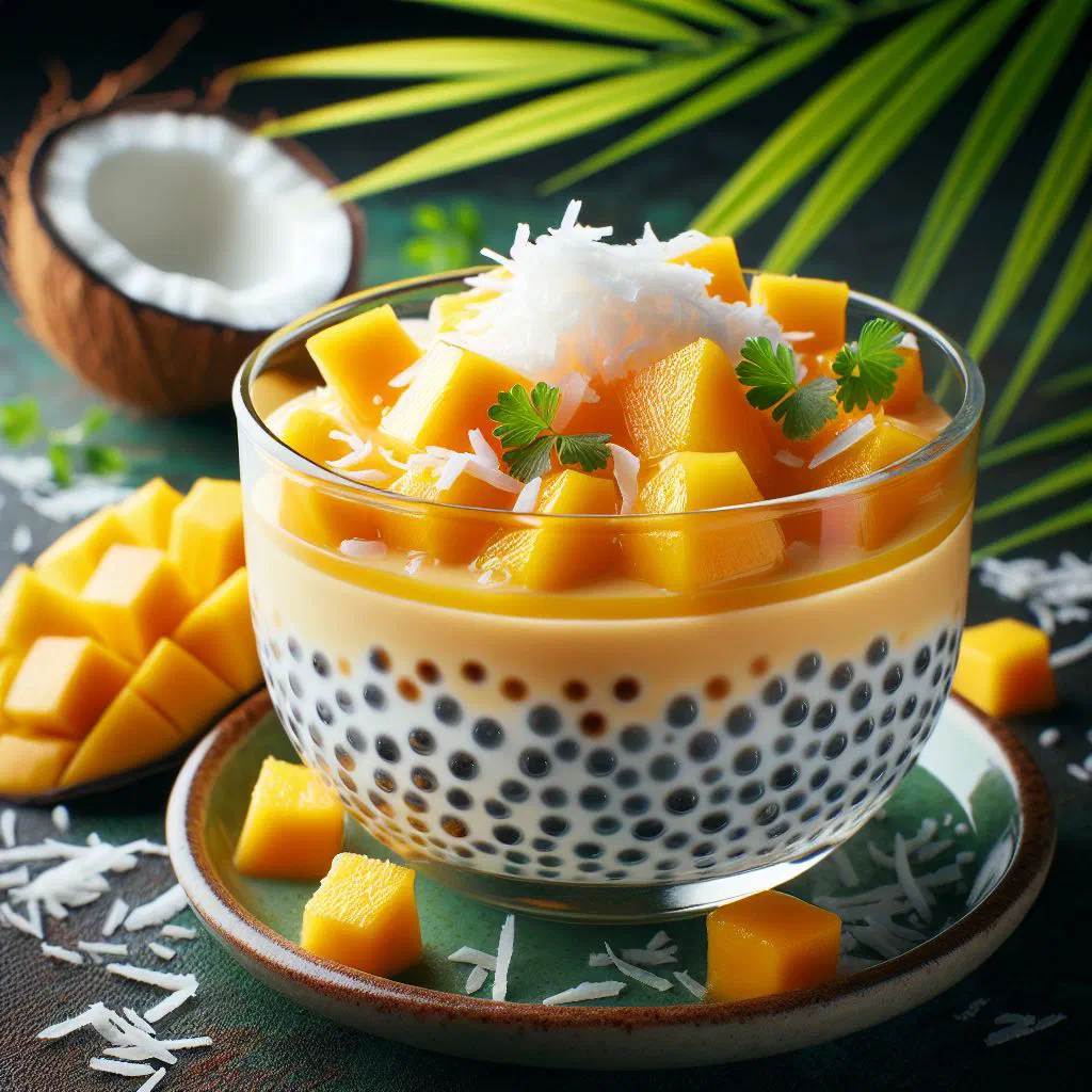 Creamy coconut tapioca pudding topped with fresh mango pieces