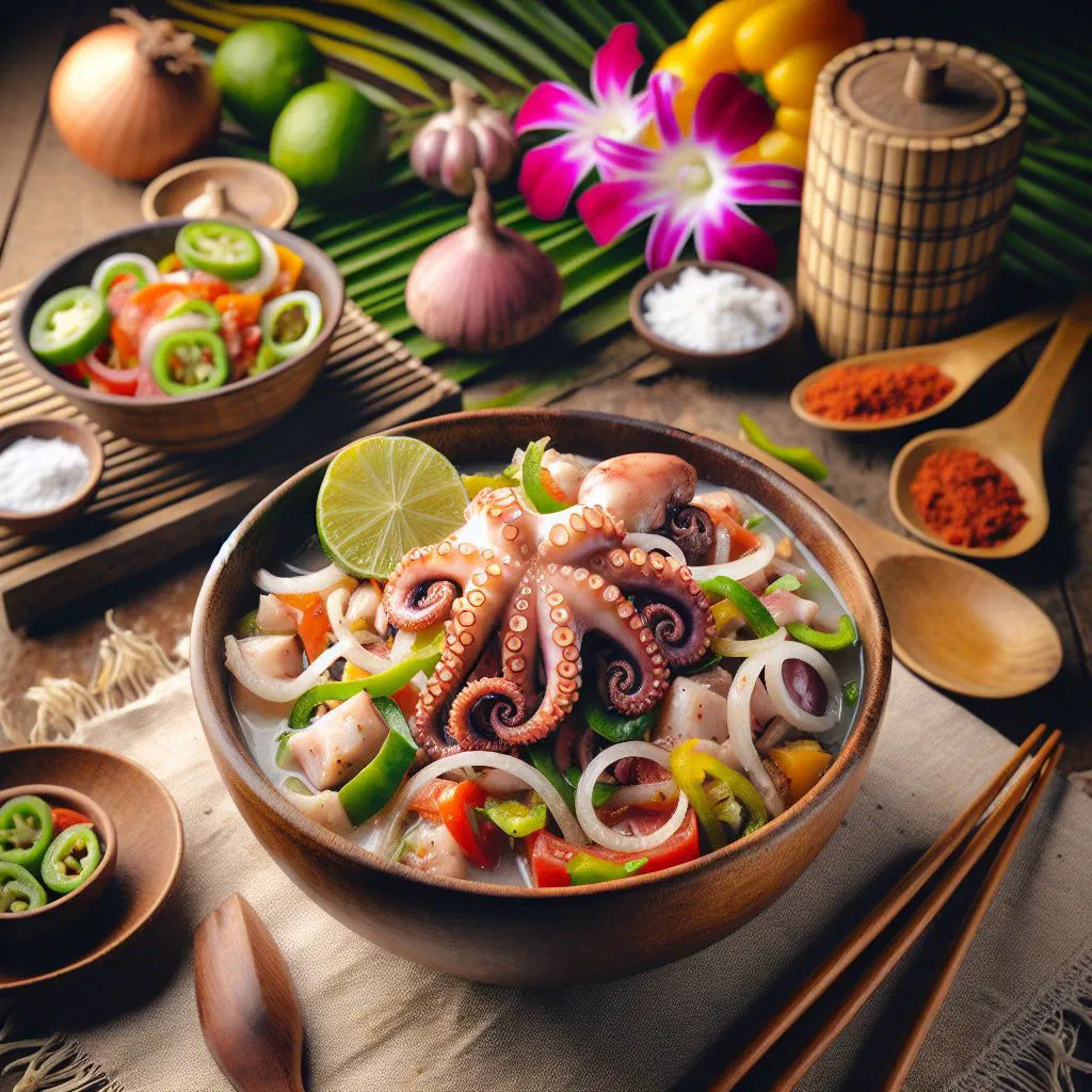 Octopus kokoda in coconut and lime marinade garnished with fresh coriander