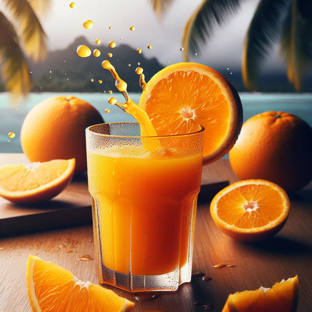 Glass of freshly pressed Fijian orange juice garnished with mint