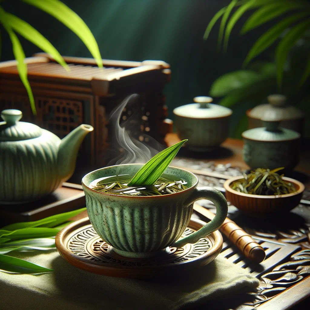 A glass of golden pandanus leaf tea garnished with fresh leaves