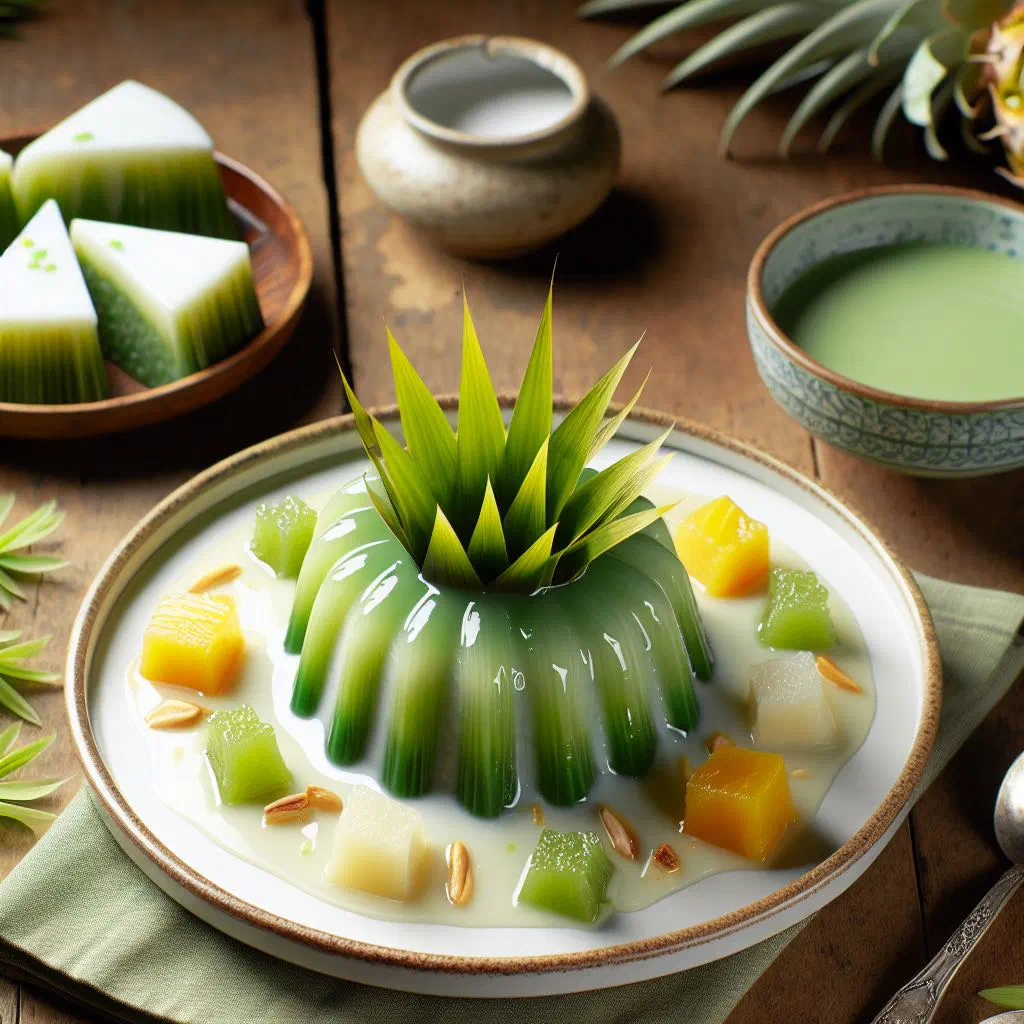 Bright green pandanus pudding set in a bowl, topped with toasted coconut