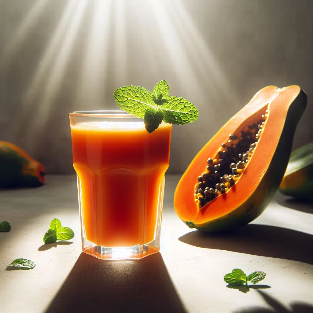 A tall glass of papaya and mint juice garnished with fresh mint leaves