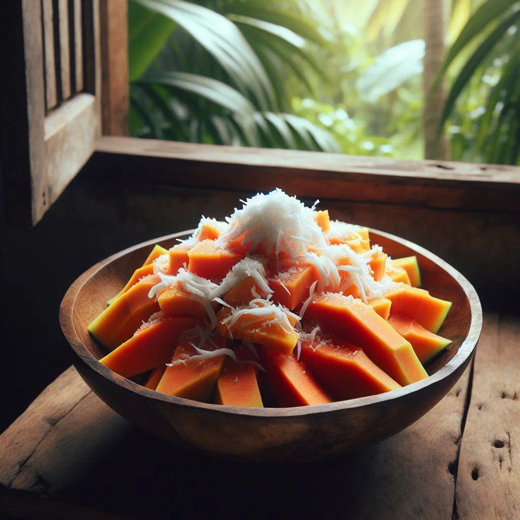 Fresh papaya and coconut salad with mint and lime in a bowl