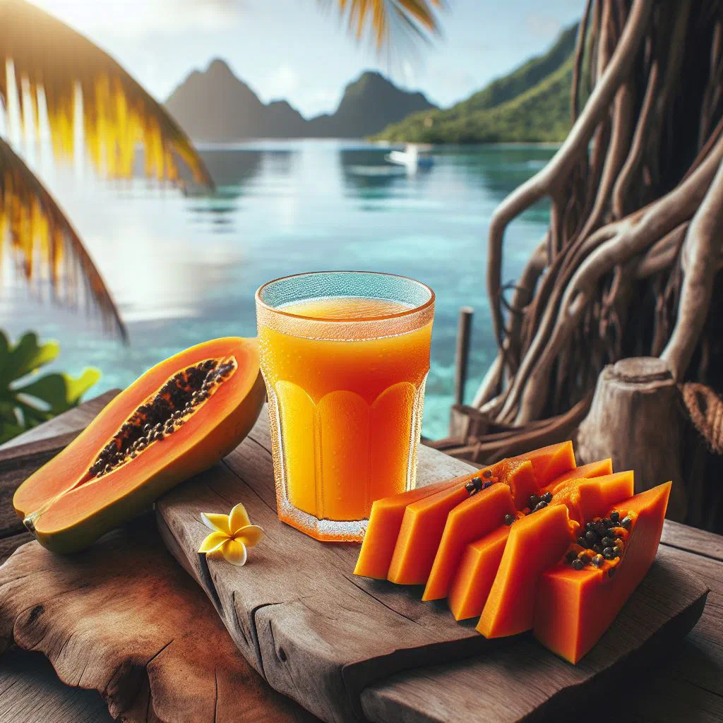 A glass of fresh Fijian papaya juice garnished with mint and lime